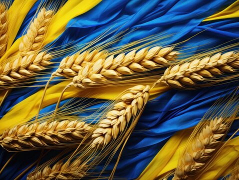 A close-up of a wheat grain on a Ukrainian flag. The wheat grain is in the center of the image, and the blue and yellow colors of the flag are visible in the background.