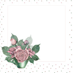Watercolor postcard with a bouquet of pink roses in a green cup and a place for design, in vintage style. Background in colored polka dots. Illustration. Template for the design of postcards