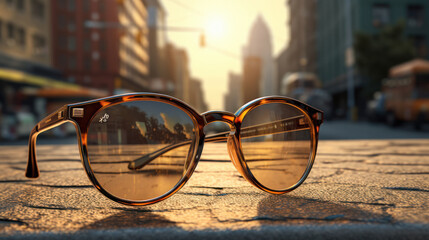 Sunglasses against the backdrop of a big city with skyscrapers, generative AI