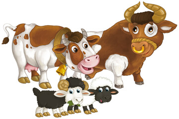 cartoon scene with happy farm animal cow and bul and two sheep having fun together isolated illustration for children