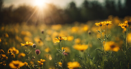 A flower field in the sun with a spring or summer garden background. Field meadow flowers 