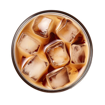 Iced Coffee Isolated On Transparent Background, Top View, View From Above, Delicious Iced Latte Coffee Drink In Glass Cup With Ice Cubes, Cold Beverage, For Cafe, Coffee Shop, Menu,