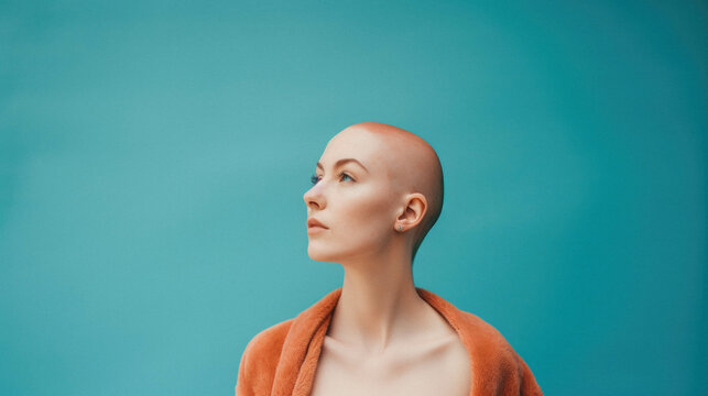 Young caucasian bald woman wearing looking aside, thinking, feeling alive healthy profile pose with natural face on blue.