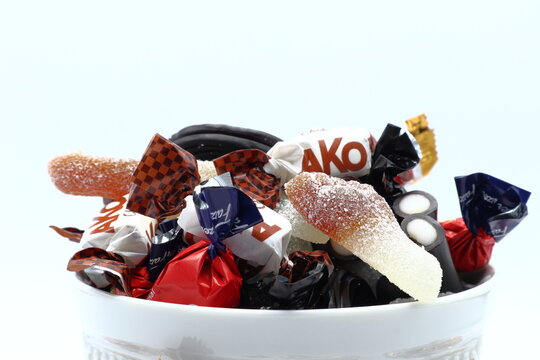 Mixed Swedish candy with a white background.