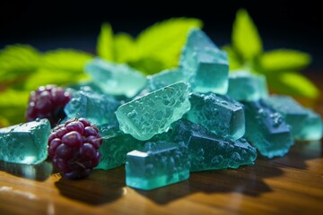 Gummies with blue raspberry flavor, containing delta-8 and hemp leaves. Generative AI