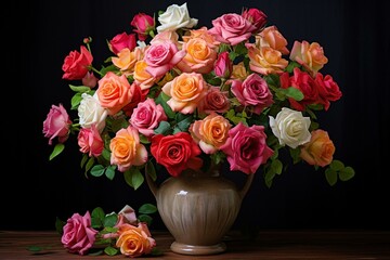 Arrangement of mixed roses in a vase. Generative AI