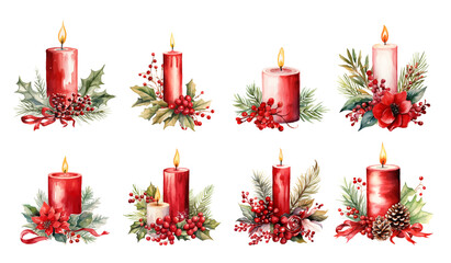Christmas candle watercolor  illustrations.  Vector Holidays illustration of red candle with pine and berry brunches.