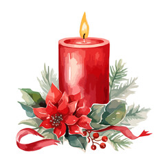 Christmas candle watercolor  illustrations.  Vector Holidays illustration of red Poinsettia candle.