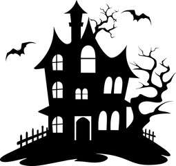 Illustration of silhouette a scary house. Mystical house with monsters and ghost for Halloween. Spooky house. Vector illustration for the store. Tattoo.