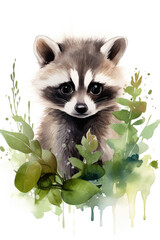 Raccoon surrounded by foliage isolated on a white background watercolor style