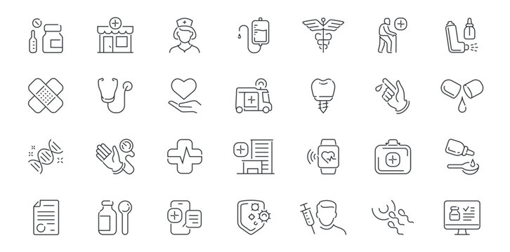 Pharmacy and medicine, hospital icons set. Healthcare collection of symbols and signs. Vector outline linear style
