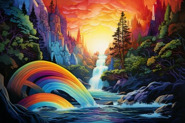 An artwork depicting a cascading waterfall intersected by a vibrant arc of colors. Generative AI - obrazy, fototapety, plakaty