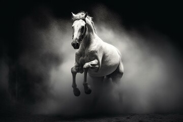 Monochrome photo of horse clearing high obstacle, raising dust. Equestrian, show jumping. Equine riding. Generative AI