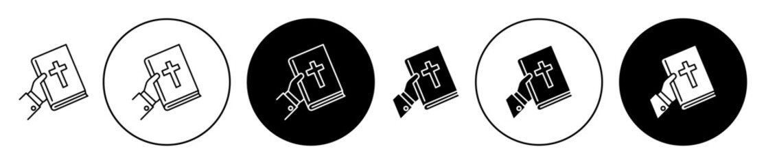 Hand in Bible icon set. christianity prayer book vector symbol in black filled and outlined style.