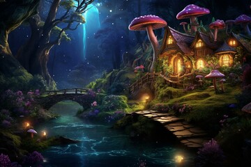 A magical forest at night with a fairy stone house, nests on the roof, a pond with frogs, and a bright moon in the sky. Generative AI