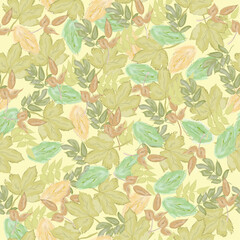 Seamless pattern with colored autumn leaves on a light yellow background. vector graphic for  fabric, background, paper, wrapping