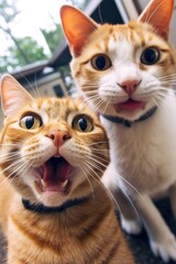 Two cats taking a selfie on a blurred background. Funny selfie portrait of cats. Adorable pet posing like he takes photos of himself with mobile smartphone. Cute cat blogger.