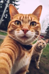 Two cats taking a selfie on a blurred background. Funny selfie portrait of cats. Adorable pet posing like he takes photos of himself with mobile smartphone. Cute cat blogger.