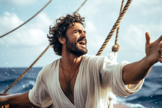 Photorealistic portrait of Ancient Greek hero Odysseus on a ship to his home island Ithaca (Generative AI)