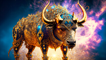 A huge formidable bull in gold with jewelry, on an abstract background - obrazy, fototapety, plakaty