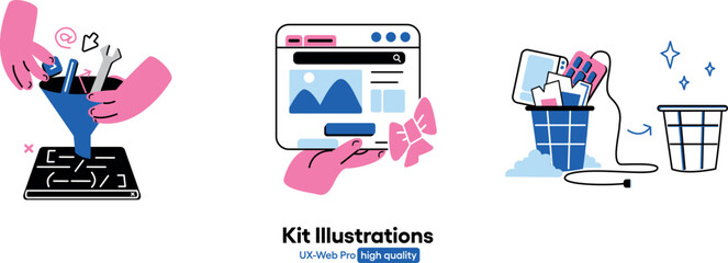 Web development illustrations. Collection of scenes with person involved in software, web, ux and ui development. Minimalist and modern vector style