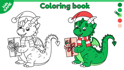 Cartoon dragon in Christmas red santa claus hat. Page of coloring book for children with holiday dragon with a gift in paws. Color outline picture. Vector kids illustration of symbol of the new year.