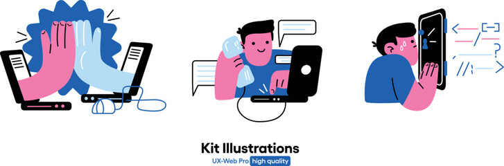 Web development illustrations. Collection of scenes with person involved in software, web, ux and ui development. Minimalist and modern vector style