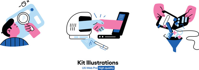 Web development illustrations. Collection of scenes with person involved in software, web, ux and ui development. Minimalist and modern vector style