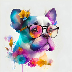 A close-up portrait of a fashionable-looking multicolored colorful fantasy cute stylish dog wearing sunglasses. Generative AI illustration. Printable design for t-shirts, mugs, cases, etc.