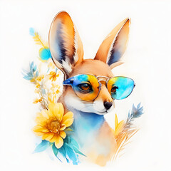 A close-up portrait of a fashionable-looking multicolored colorful fantasy cute stylish kangaroo wearing sunglasses. Generative AI illustration. Printable design for t-shirts, mugs, cases, etc.
