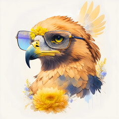 A close-up portrait of a fashionable-looking multicolored colorful fantasy cute stylish eagle wearing sunglasses. Generative AI illustration. Printable design for t-shirts, mugs, cases, etc.