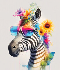 A close-up portrait of a fashionable-looking multicolored colorful fantasy cute stylish zebra wearing sunglasses. Generative AI illustration. Printable design for t-shirts, mugs, cases, etc.