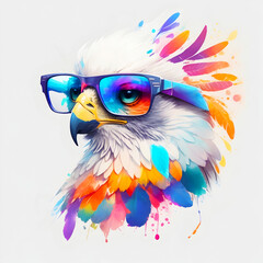 A close-up portrait of a fashionable-looking multicolored colorful fantasy cute stylish eagle wearing sunglasses. Generative AI illustration. Printable design for t-shirts, mugs, cases, etc.

