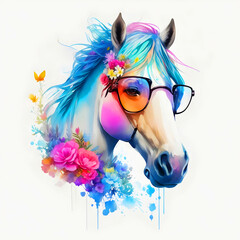 A close-up portrait of a fashionable-looking multicolored colorful fantasy cute stylish horse wearing sunglasses. Generative AI illustration. Printable design for t-shirts, mugs, cases, etc.
