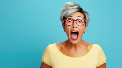 Happy older middle aged woman wearing yellow t-shirt and glasses over blue background feeling shocked with surprise expression, excited face.