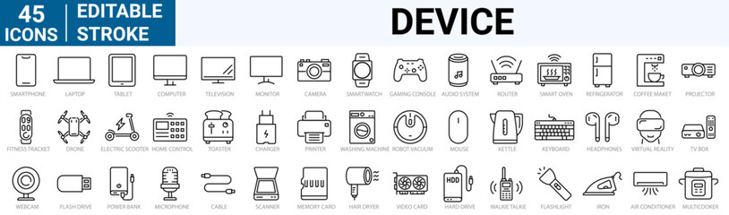 set of 45 line web icons Personal Device. Tablet, laptop, phone, console, Smart Watch and more. Editable Stroke.