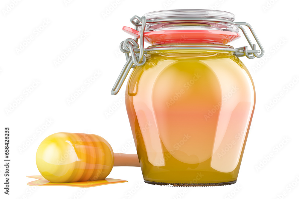 Poster jar with honey and honey dipper, 3d rendering isolated on transparent background