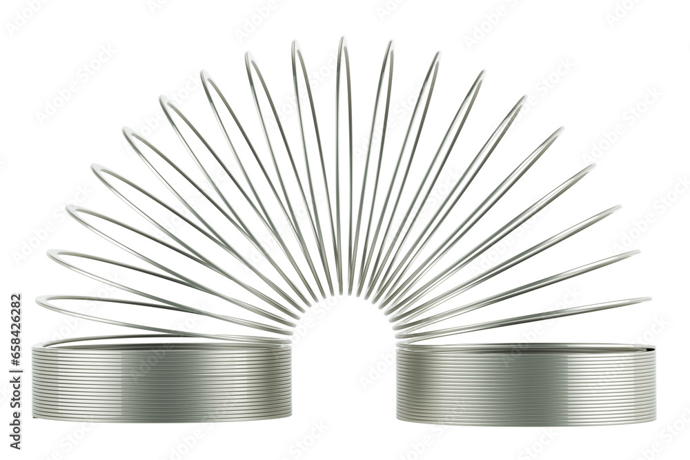 Poster metallic helical spring toy. 3d rendering isolated on transparent background