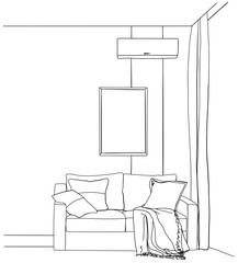 Sofa in interior. Living room sketch