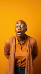 Fototapeta premium Shocked bald african american woman wearing casual clothes afraid and shocked with surprise expression, fear and shocked face.