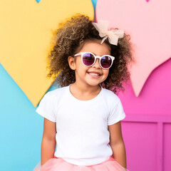 Sassy Little Girl Wearing a Blank Solid Short Sleeve T-Shirt Mockup Posing in Front of Colorful Painted Wall Mural - obrazy, fototapety, plakaty