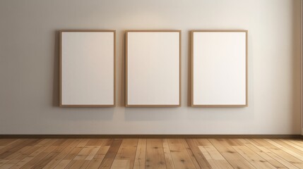Three Wooden Minimalistic Poster Frames Mockup with Wooden Floor: Poster Mockup, 3D Render