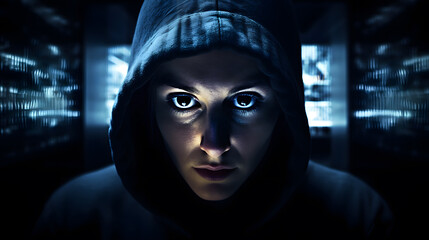 Intensely Focused Hacker's Face Illuminated by Multiple Screens' Light, AI Generated Image