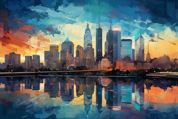 Cityscape with multiple transparent layers showcasing Philadelphia's iconic landmarks and gradient skyline. Generative AI