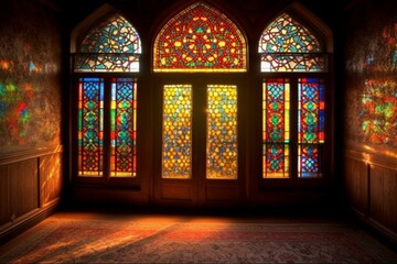 Fototapeta na wymiar An enchanting mosaic window with vibrant colors and sunlight filtering through. Generative AI
