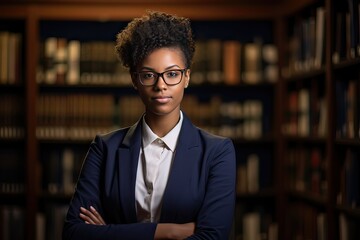 portrait of black woman in suit with arms folded practicing law, concept work