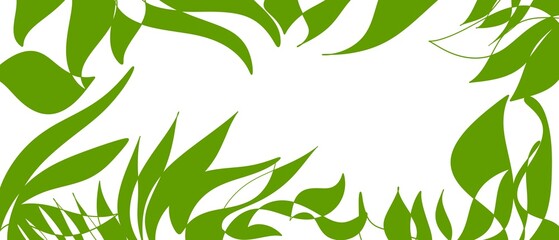 Sfondo bianco, banner botanico foglie verdi spazio vuoto al centro. Estate - obrazy, fototapety, plakaty