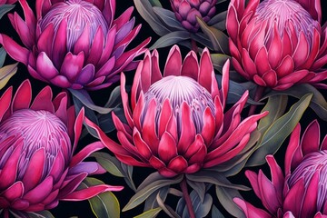 Vibrant watercolor pattern showcasing magenta protea flowers and leaves. Generative AI