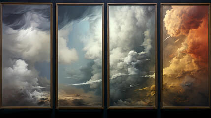 Comprising four panels, each vividly illustrates one of the elemental aspects of weather, offering a comprehensive visual exploration of meteorological phenomena