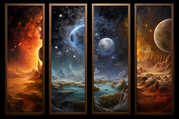 Comprising four distinct panels, each of this captivating artwork depicts one of the fundamental elements of the cosmos, offering a mesmerizing exploration of the universe's grandeur